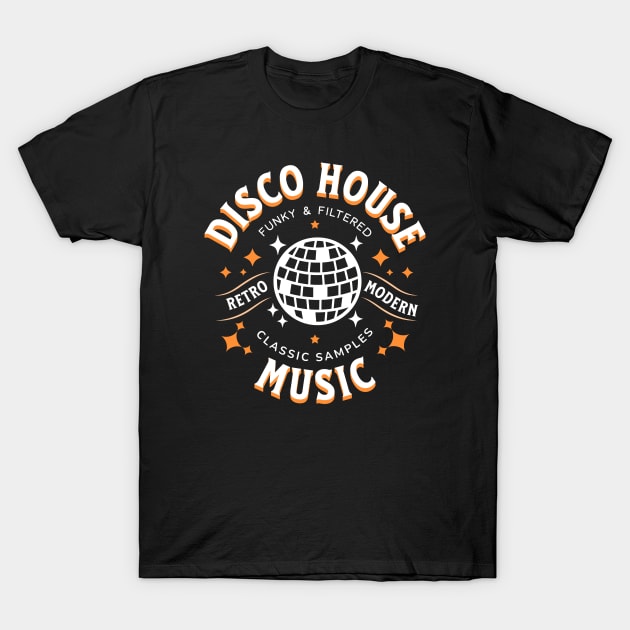 DISCO HOUSE  - Retro Modern Disco Ball (White/Orange) T-Shirt by DISCOTHREADZ 